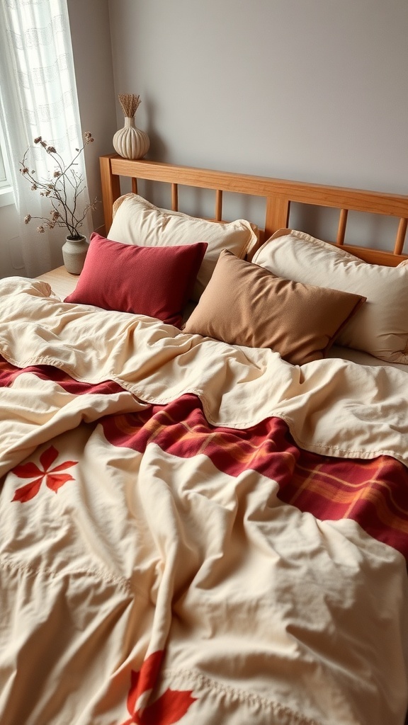 Cozy bedroom with flannel sheets and decorative pillows.
