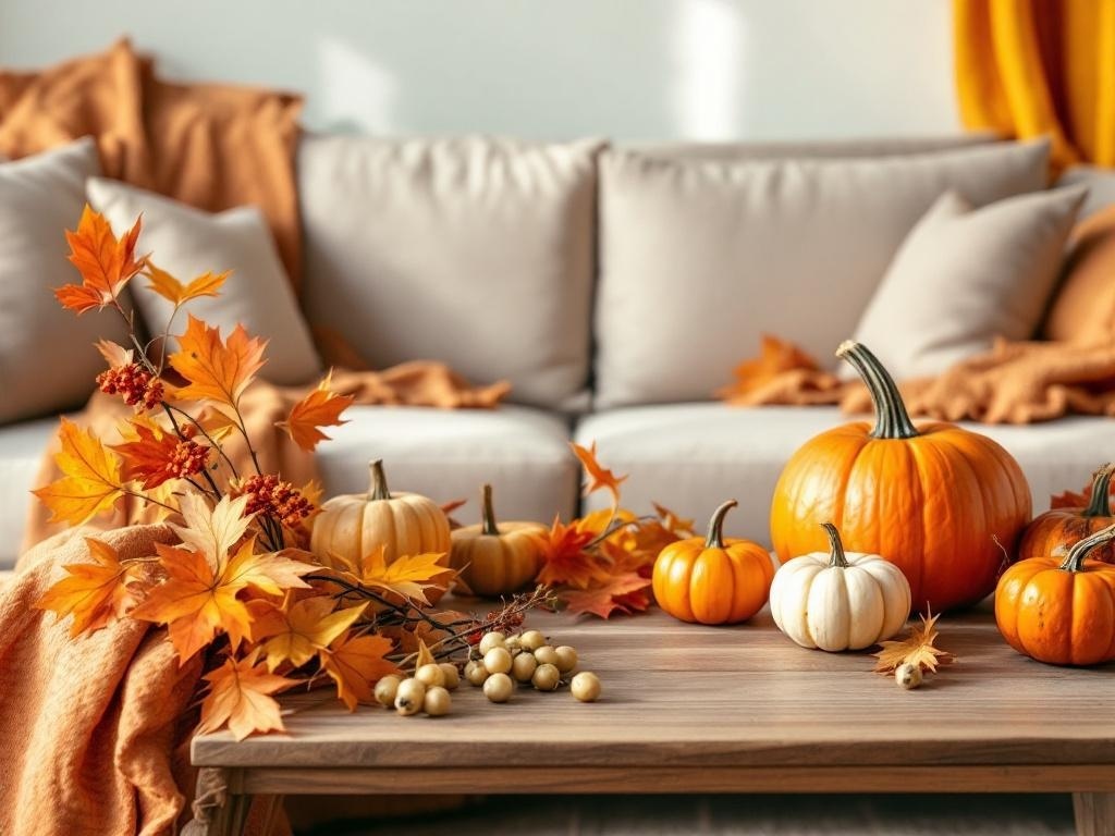 A coffee table styled with pumpkins, autumn leaves, and a cozy throw.