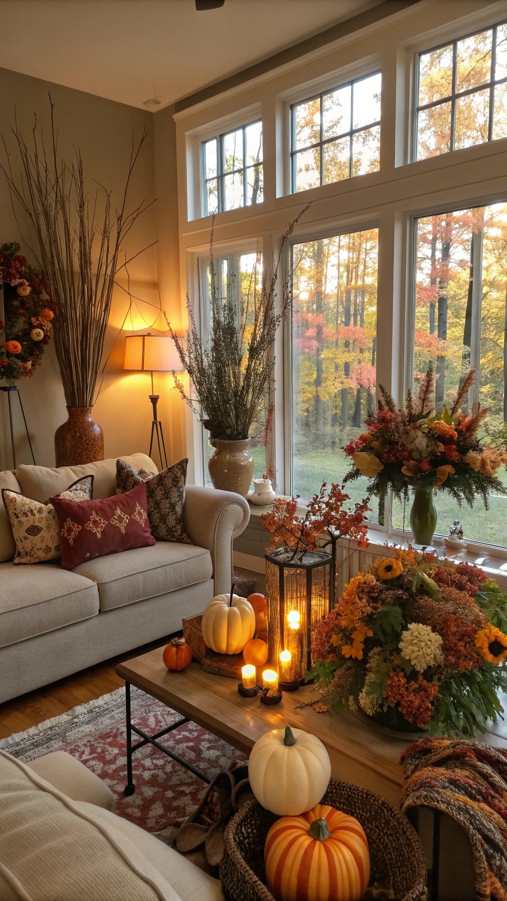 Cozy fall living room with seasonal greenery, florals, and pumpkins.