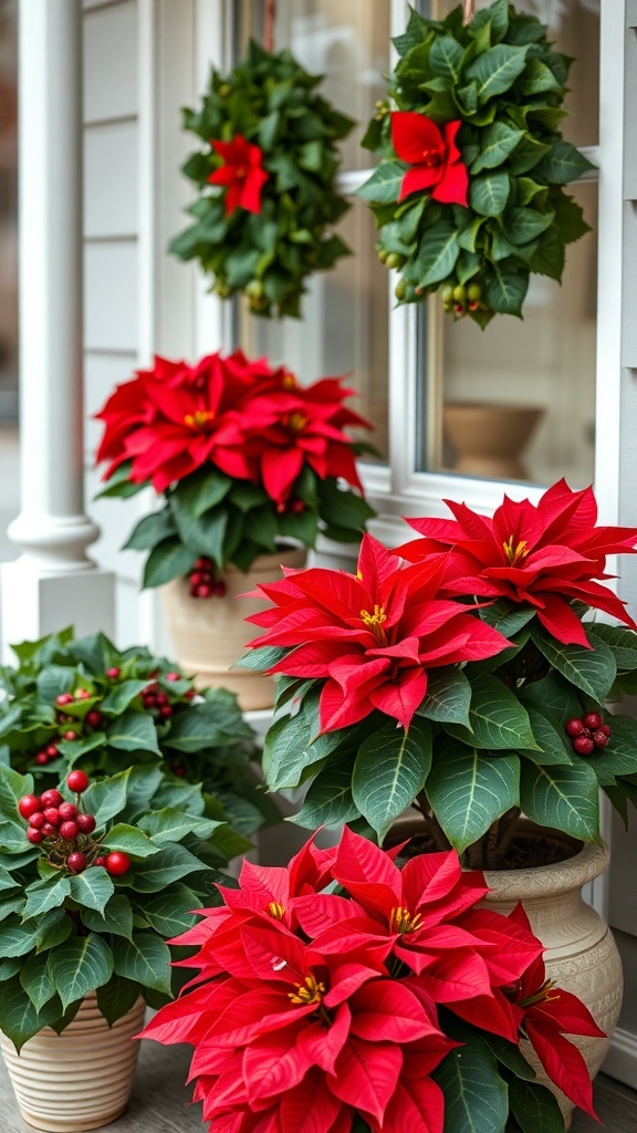 A display of red poinsettias and green wreaths for Christmas decor.