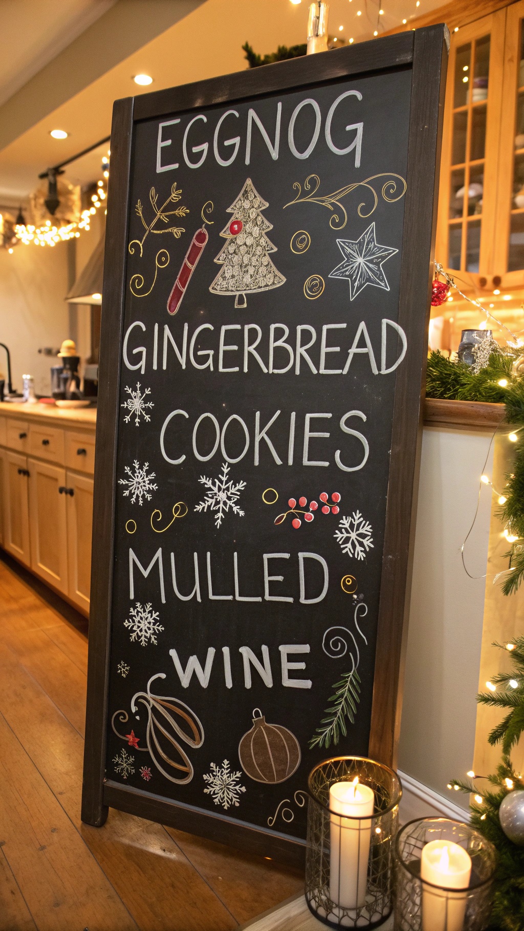 A chalkboard with Christmas recipes and decorations.