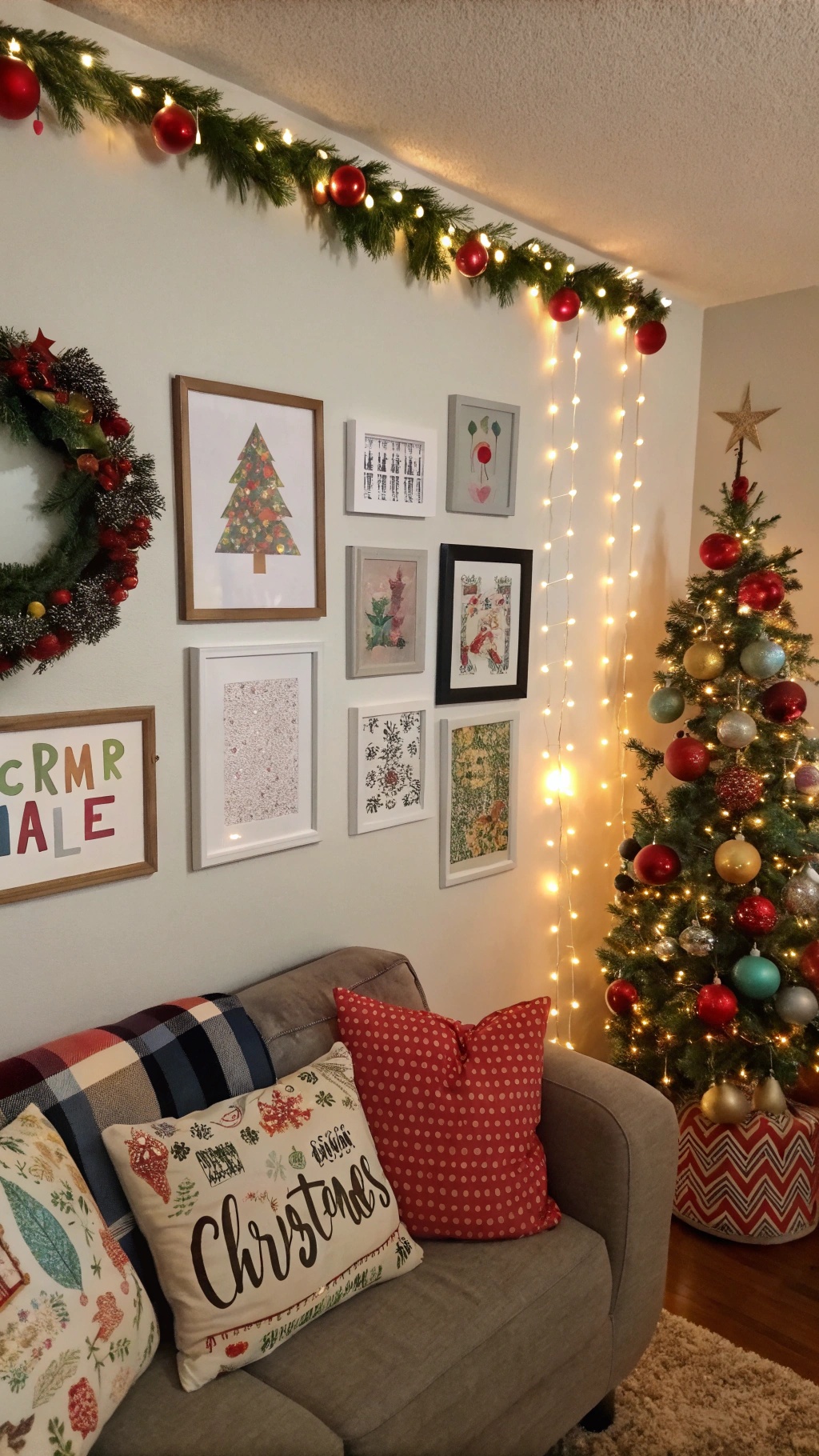 A cozy living room decorated for Christmas with wall art, a tree, and festive pillows.