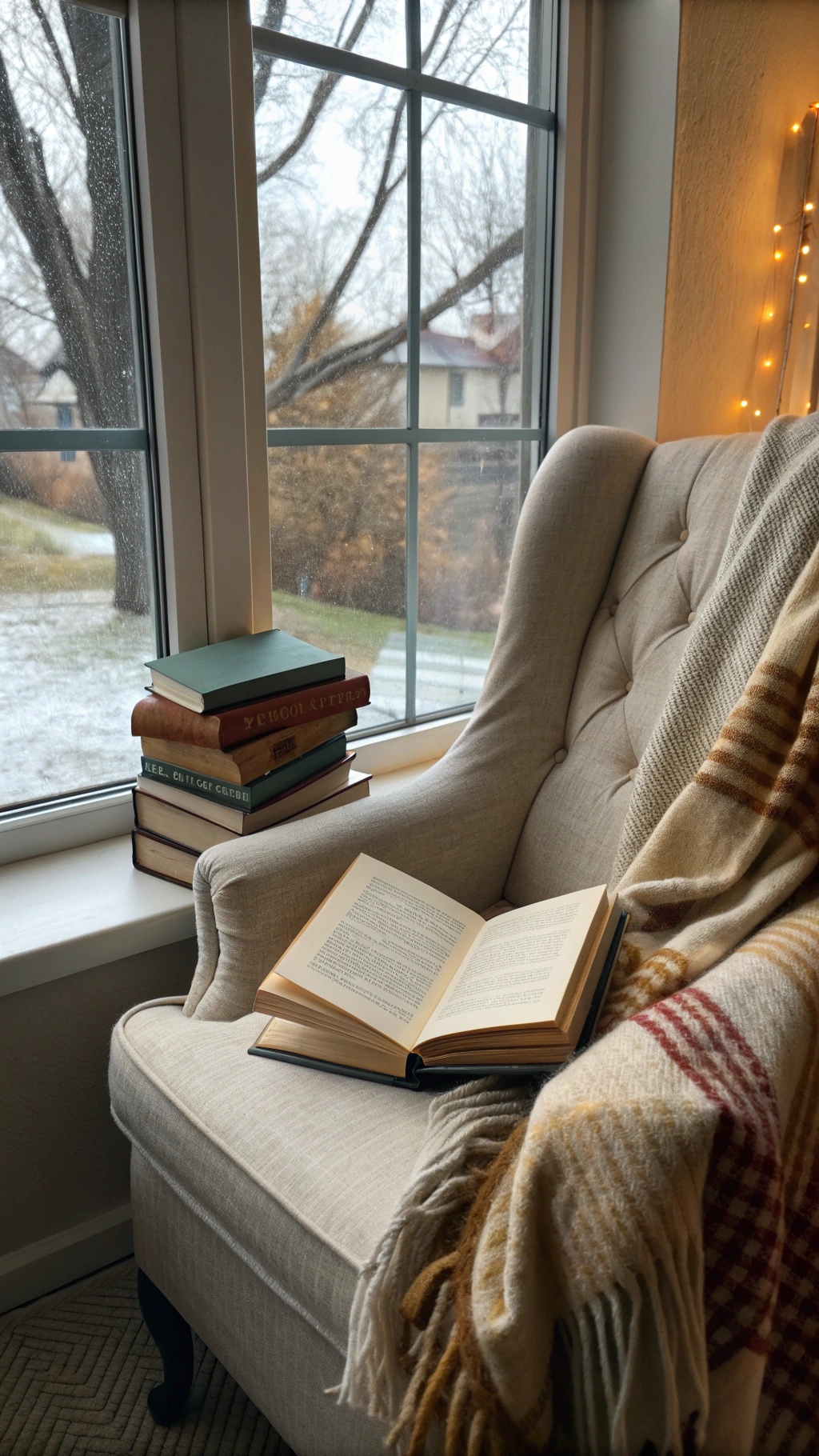 A cozy reading nook with a chair, blanket, and books by a window.