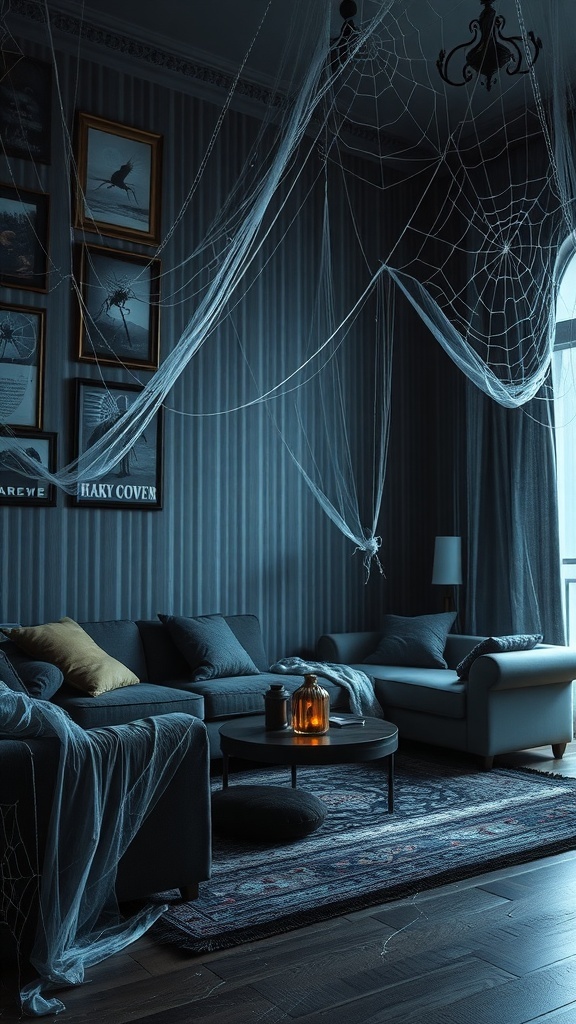 A living room decorated with spider webs and spooky accents for Halloween.