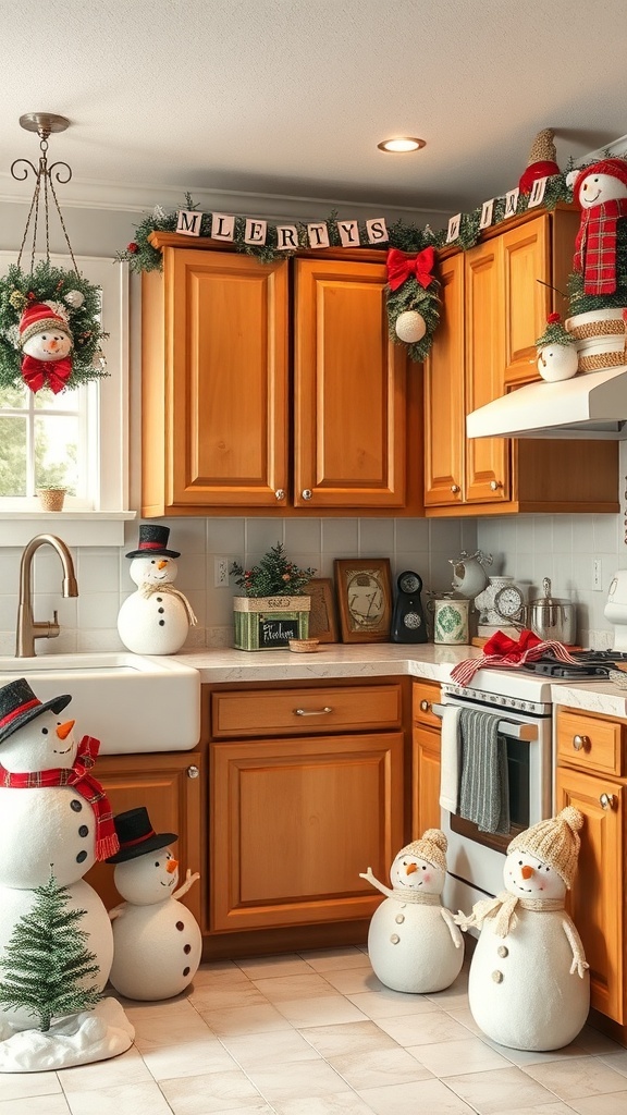A cozy kitchen decorated with snowman-themed decor, featuring snowman figurines and ornaments.