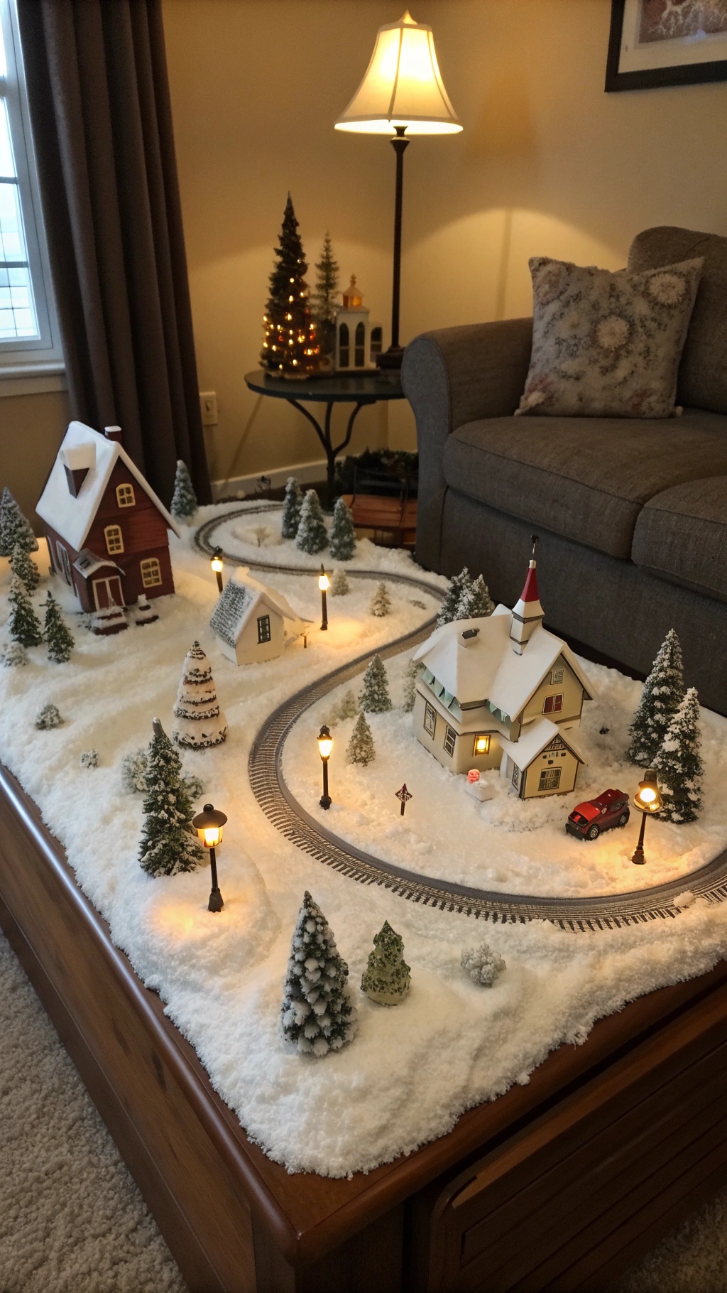 A beautifully decorated table featuring a snowy village scene with miniature houses and trees.