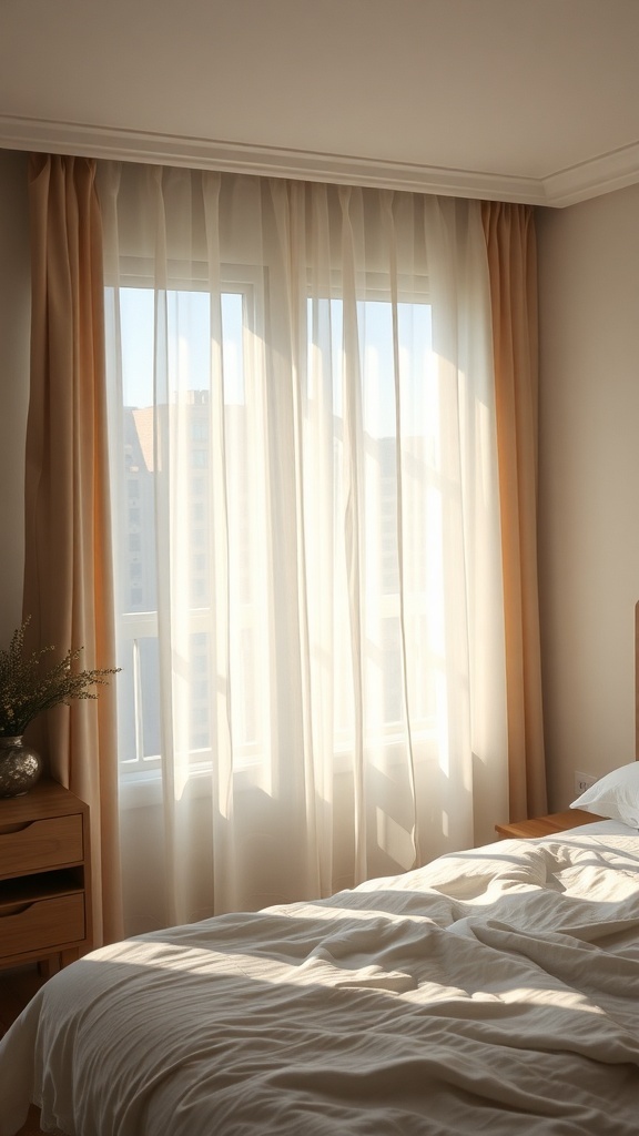 Soft curtains in a bedroom allowing warm sunlight to filter through.