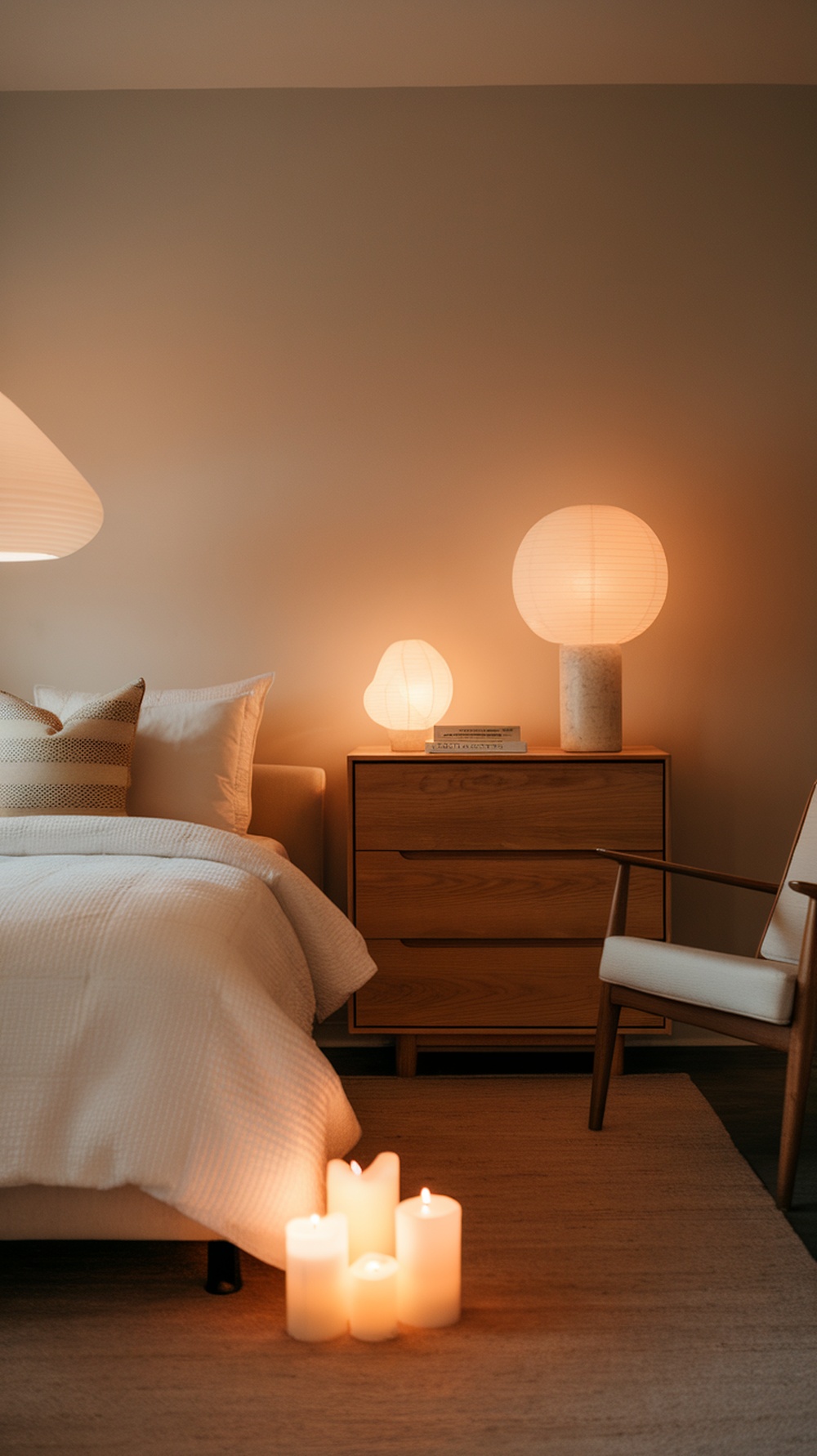 A minimalist bedroom with soft lighting from lamps and candles.
