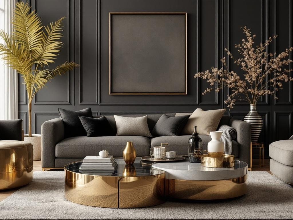 A stylish living room with a metallic coffee table, decorative vases, and cozy cushions.