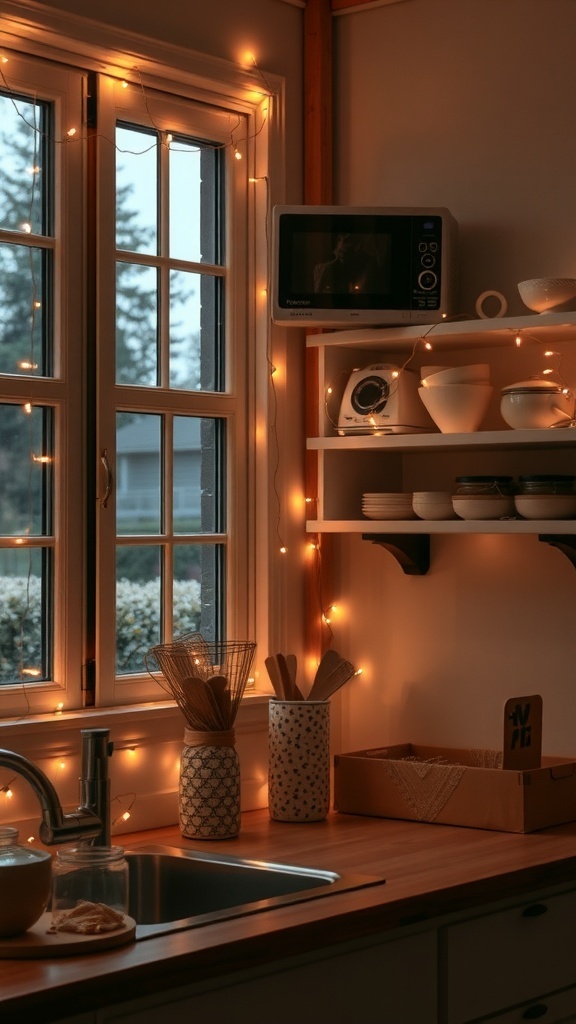 A cozy kitchen with fairy lights draped around the window and shelves, creating a warm atmosphere.