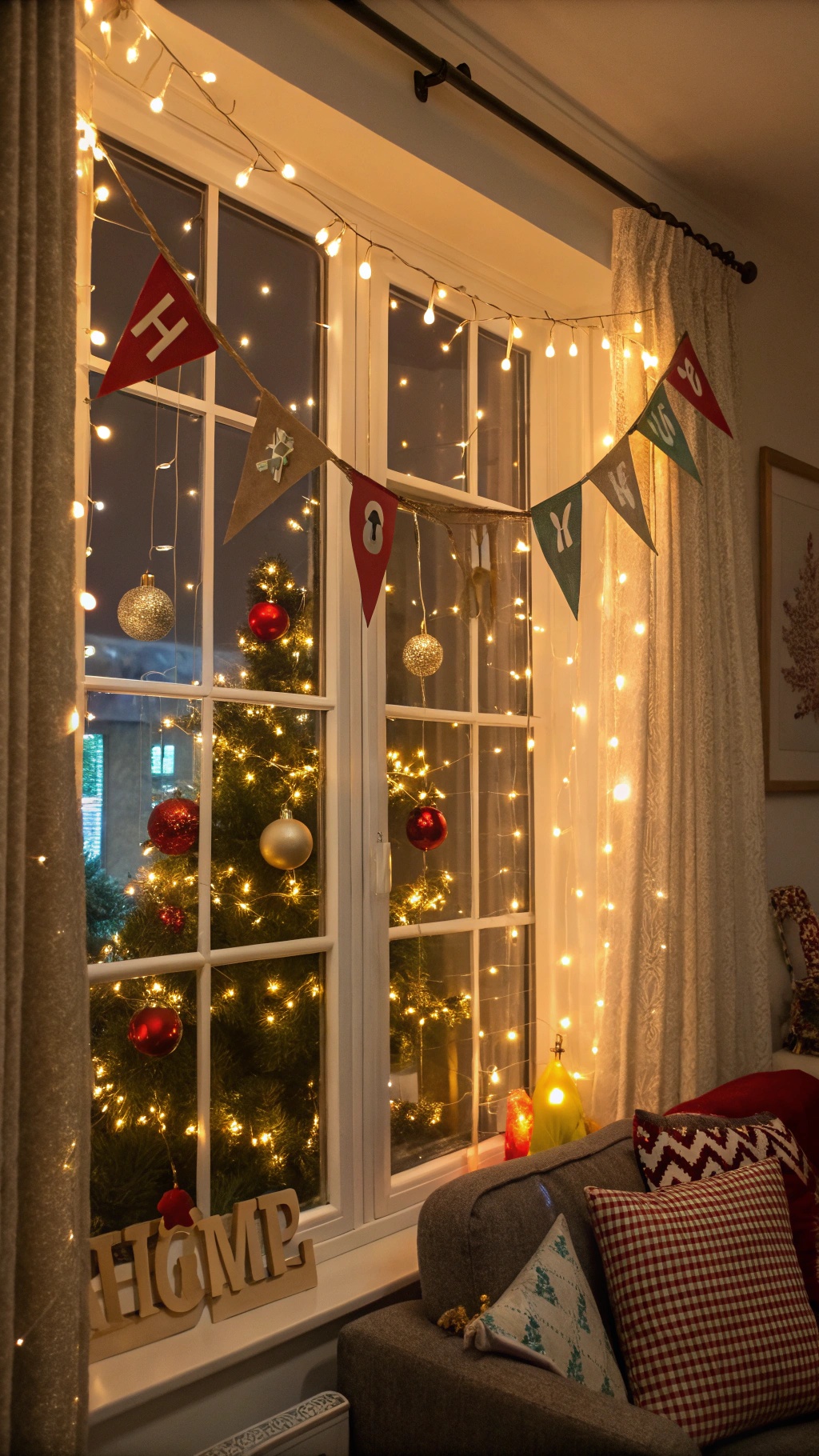A cozy living room window decorated with fairy lights, ornaments, and festive banners.