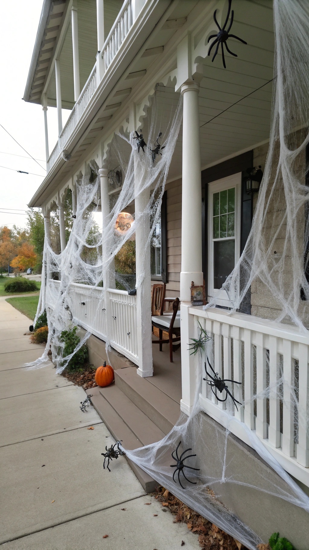 A porch decorated with fake spider webs and plastic spiders for Halloween.