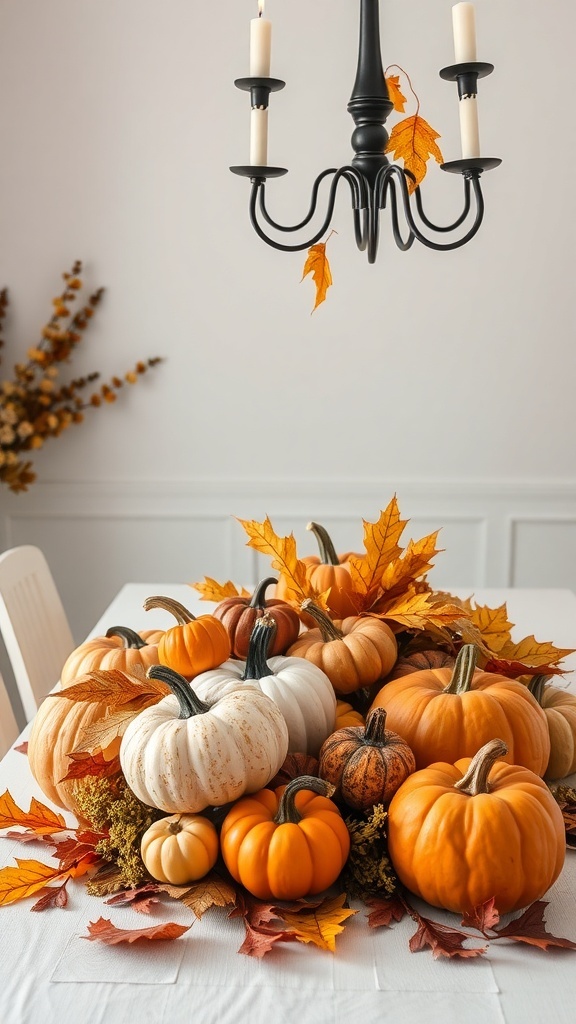 A table decorated with various pumpkins and autumn leaves for Halloween.