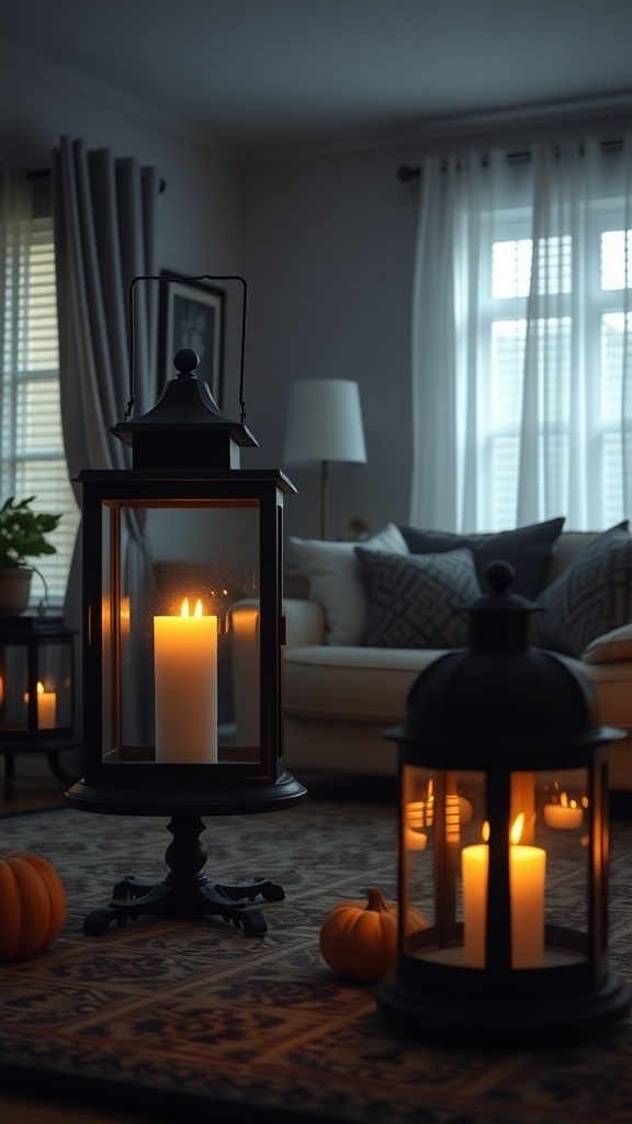 A cozy living room with spooky lanterns and flickering lights, featuring pumpkins on the floor.