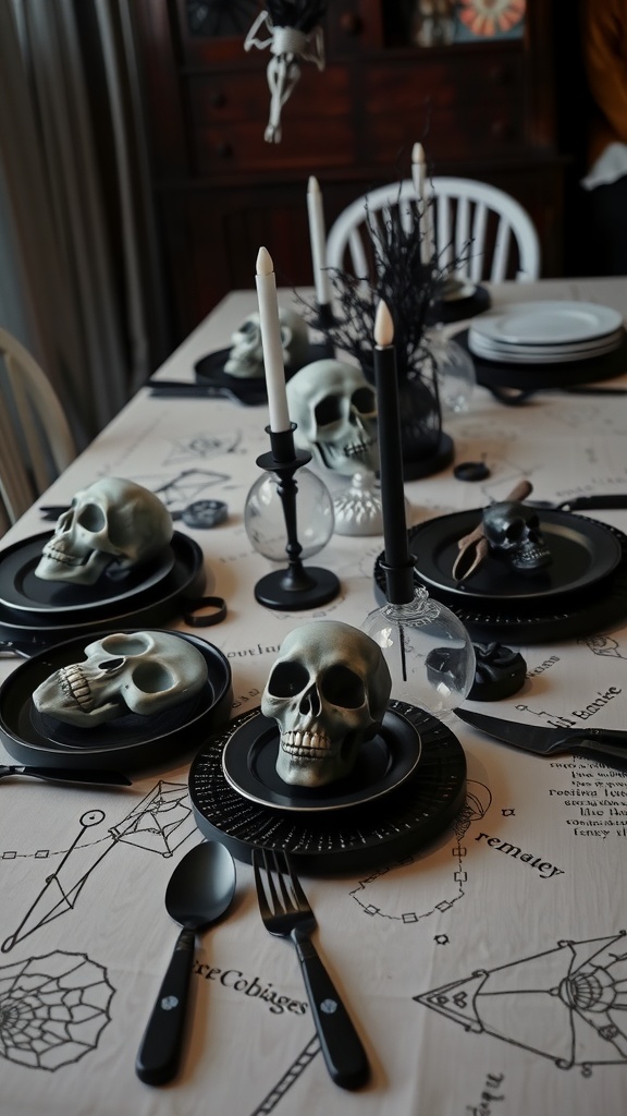 A Halloween themed table setting with skull plates, black utensils, and candles.
