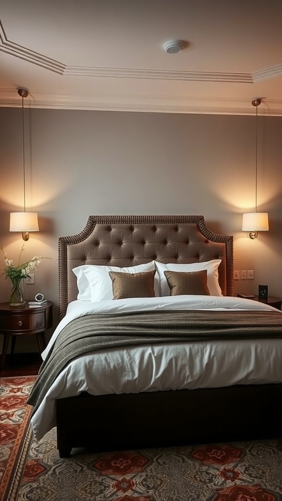 Cozy bedroom with a stylish statement headboard, soft bedding, and warm lighting.