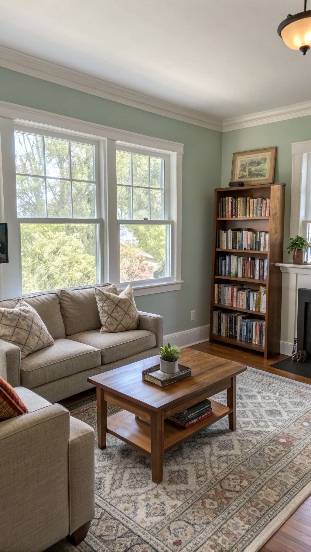 A cozy living room with a sofa, coffee table, and bookshelf, showcasing strategic furniture placement.