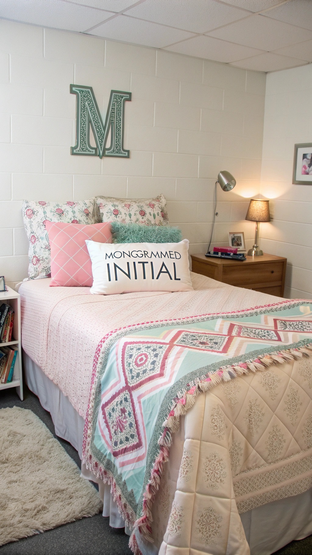 A cozy dorm room bed with stylish bedding, including a plaid pillow and a warm throw.