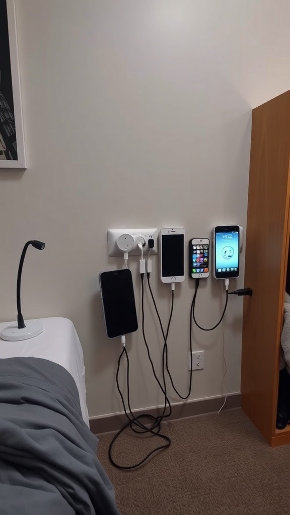 A wall-mounted charging station with multiple devices plugged in, showcasing a tidy tech setup.