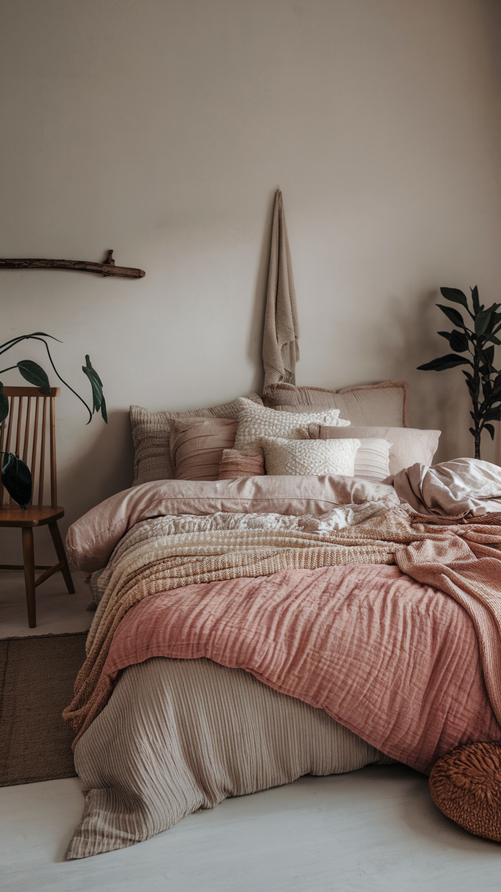 A cozy bedroom with layered textured bedding in soft pink and neutral tones.