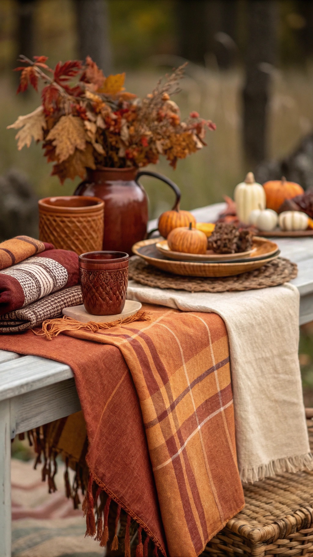 A beautifully set Thanksgiving table featuring textured linens and warm autumn colors.