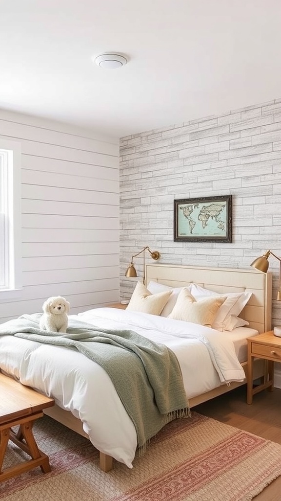 Cozy bedroom with textured wall treatments, soft blankets, and warm lighting.