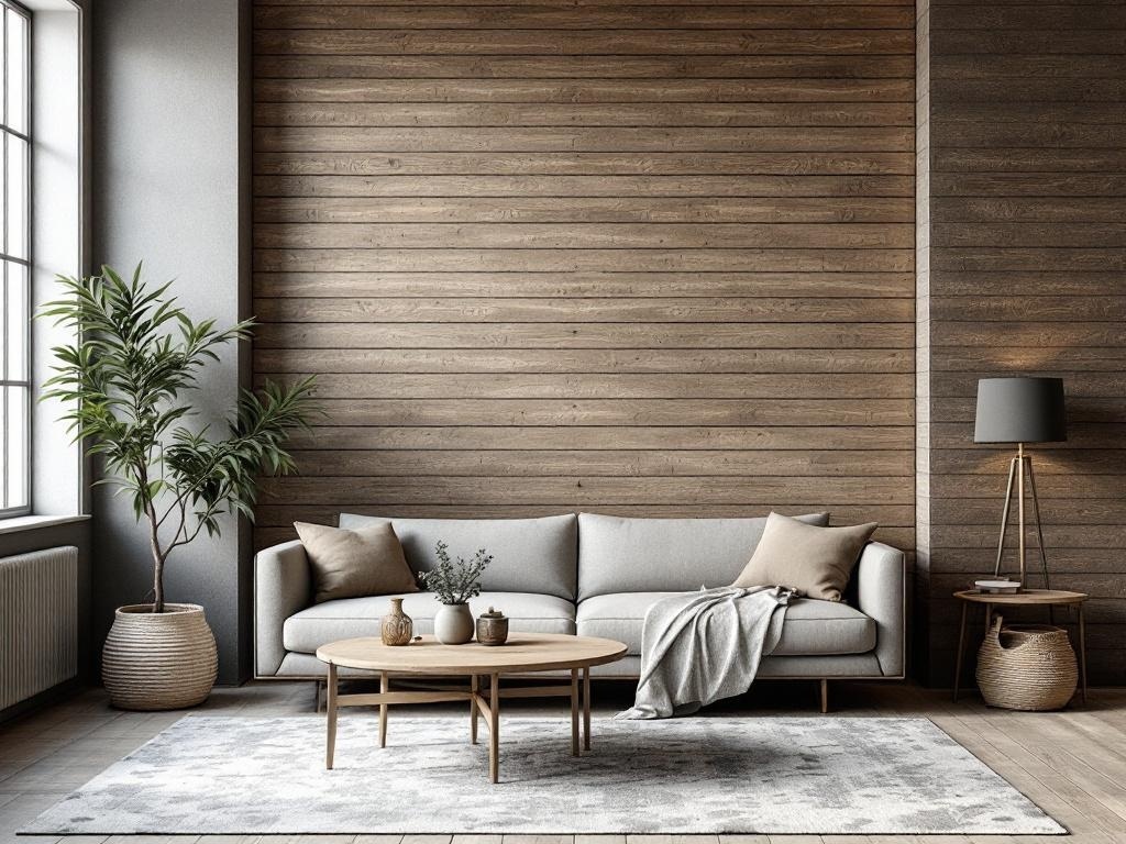 Cozy living room with textured wood wall and comfortable sofa