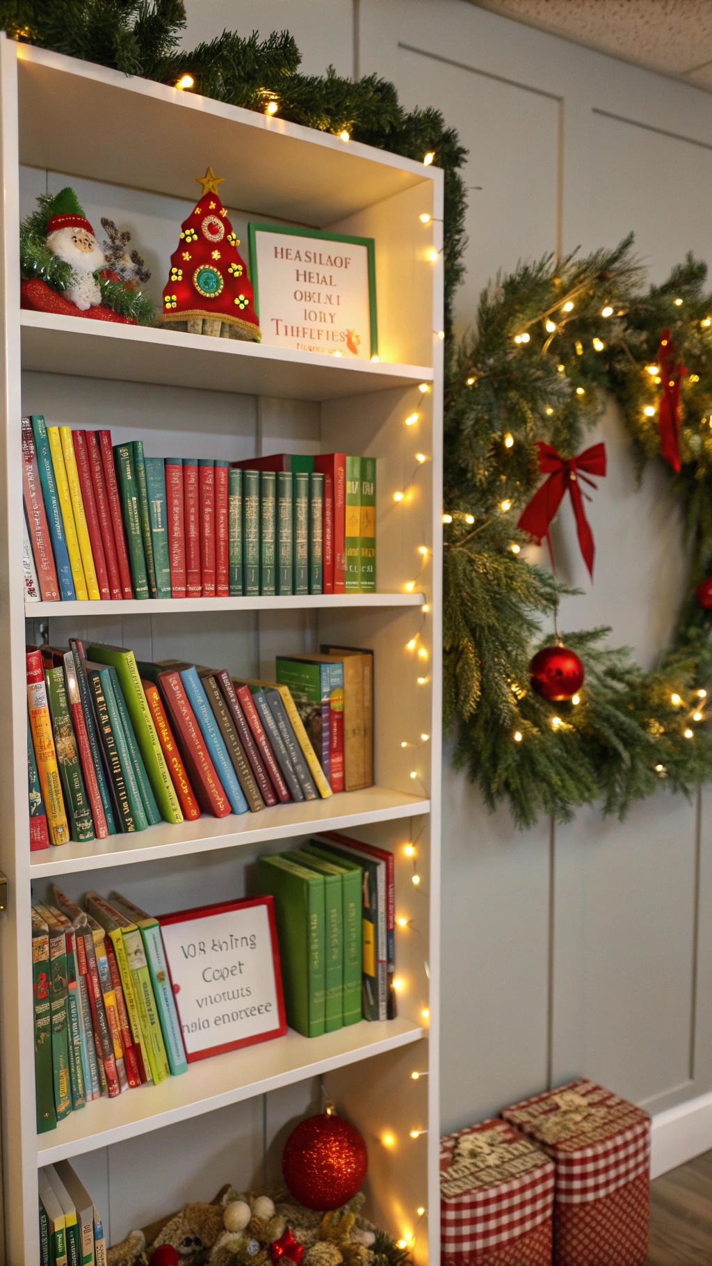 A Christmas-themed book display with colorful books, ornaments, and garlands.
