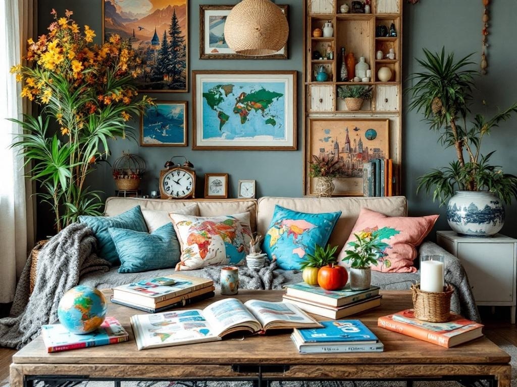 A cozy living room coffee table styled with travel souvenirs, books, and plants.