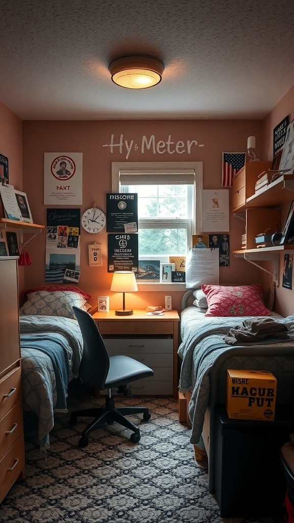 A cozy dorm room with two beds, decorated walls, and a desk, showcasing personal touches.