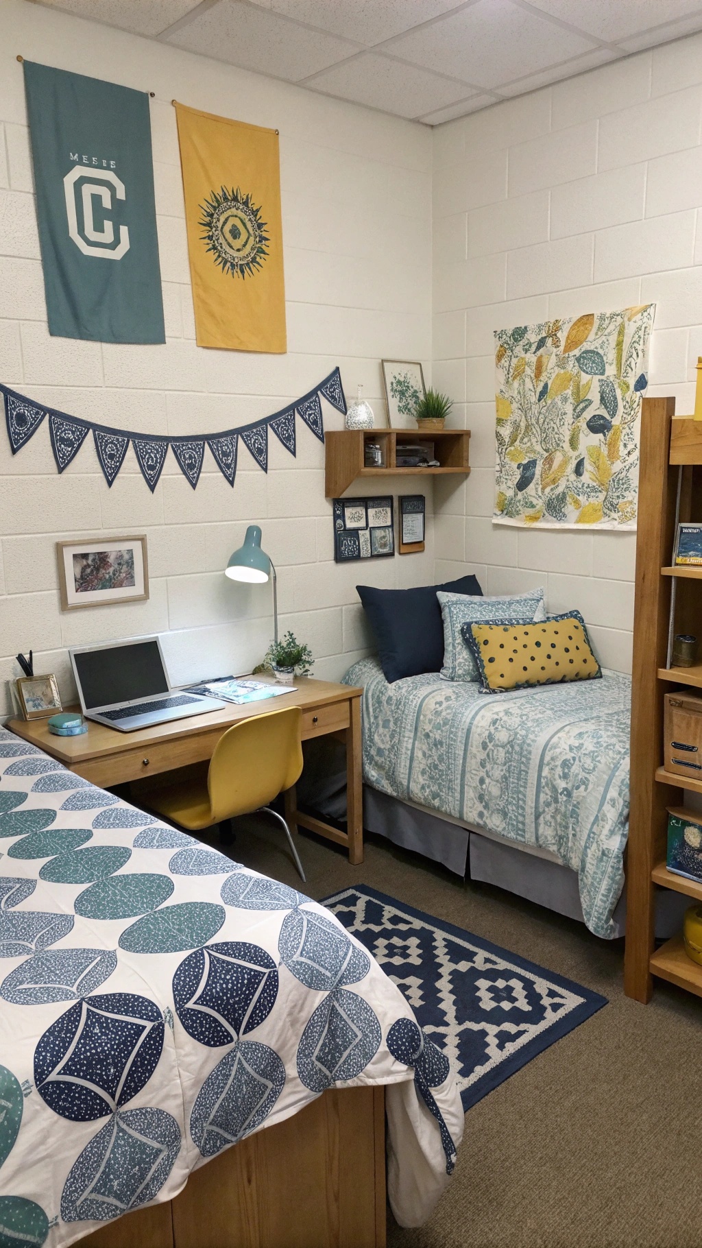 A cozy dorm room with themed decor featuring blue and yellow colors, patterned bedding, and wall art.