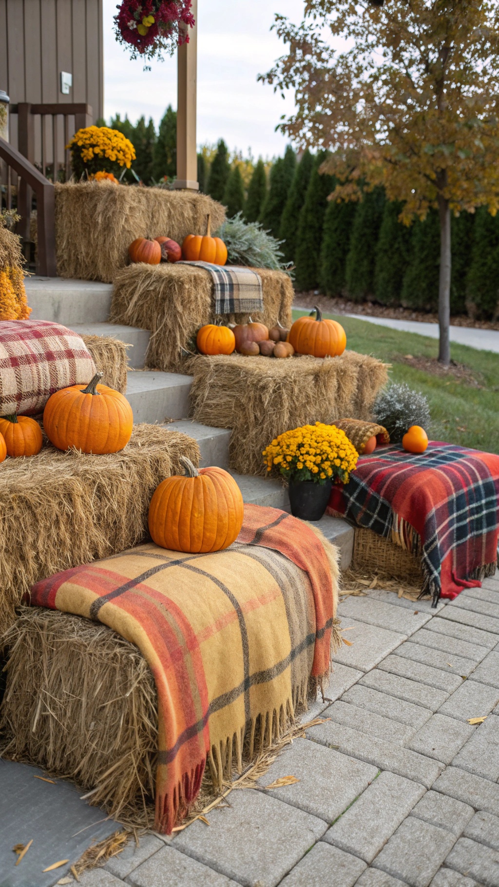 Outdoor hay bale seating decorated with pumpkins and blankets for Halloween