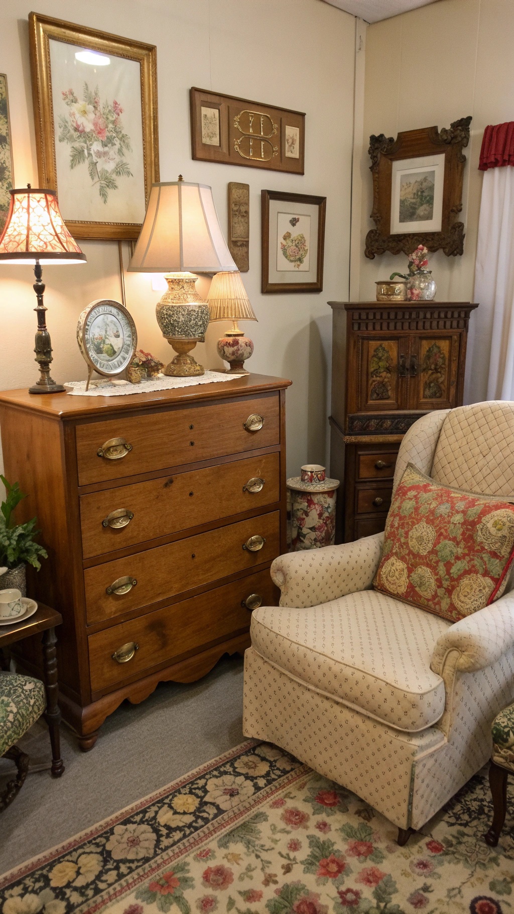 A cozy vintage-inspired bedroom corner featuring a wooden dresser, vintage lamps, and framed art.