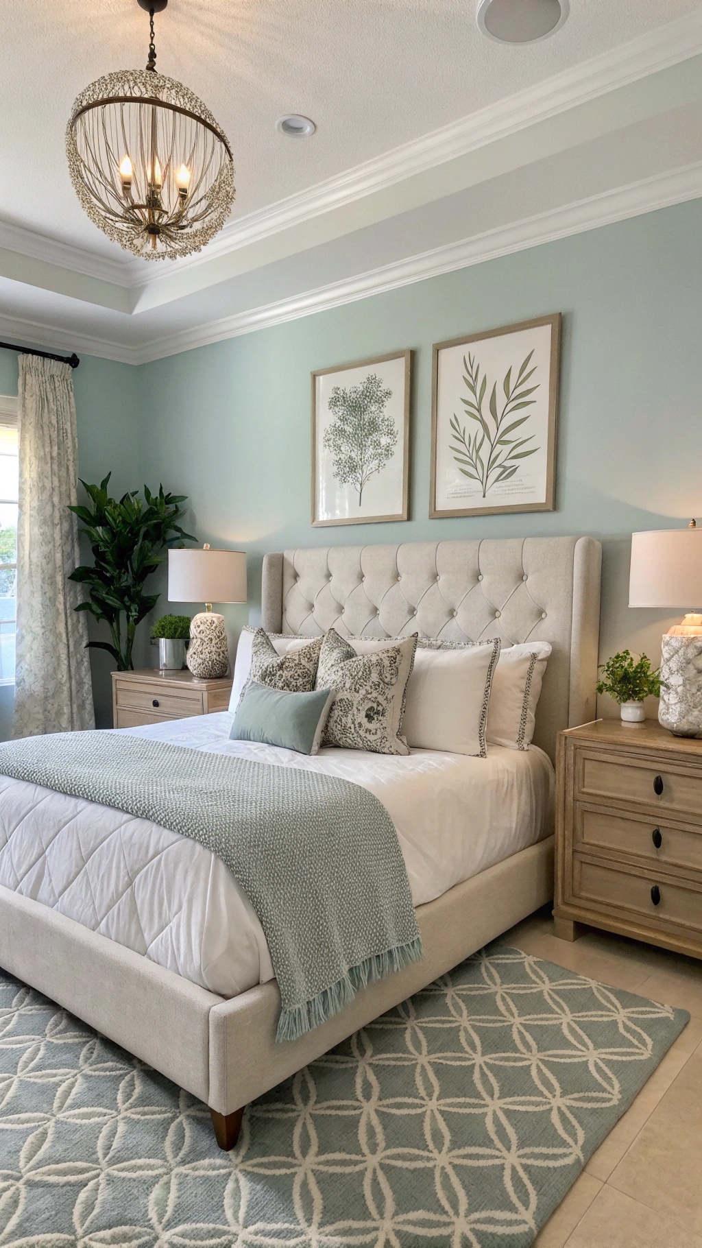 A beautifully decorated bedroom featuring a light blue wall, elegant bedding, and stylish decor.