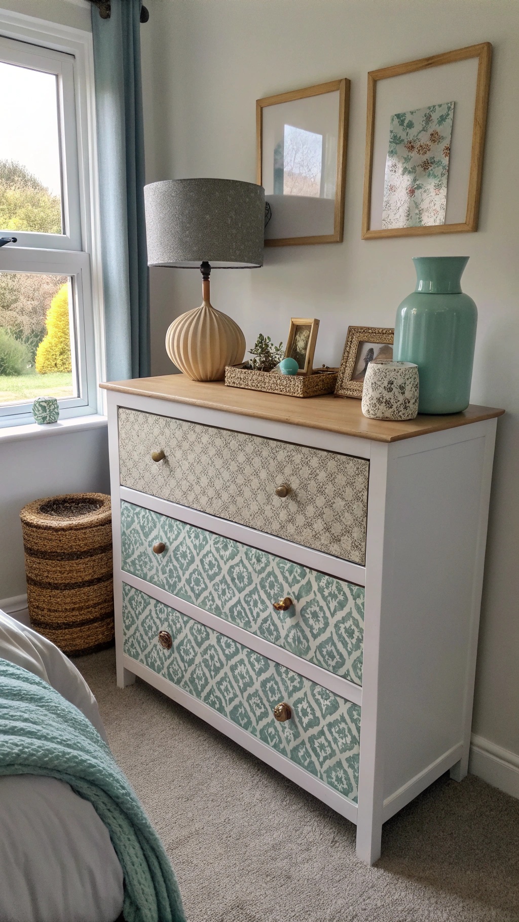 A stylish upcycled dresser with patterned drawers and decorative items on top.