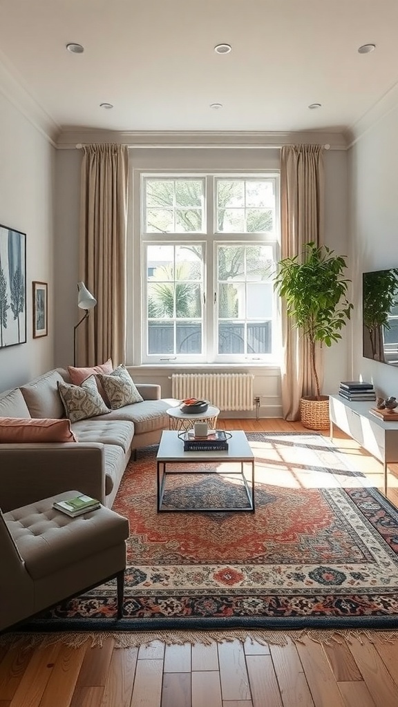Cozy living room with rugs defining separate areas.