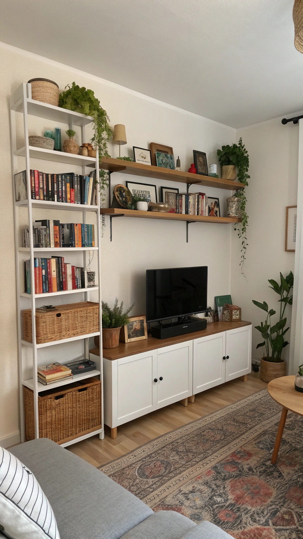 A cozy living room featuring vertical storage solutions with bookshelves and wall-mounted shelves.