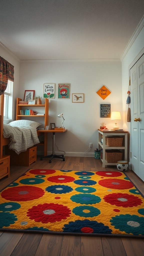 A vibrant area rug with floral patterns in a cozy dorm room setting.