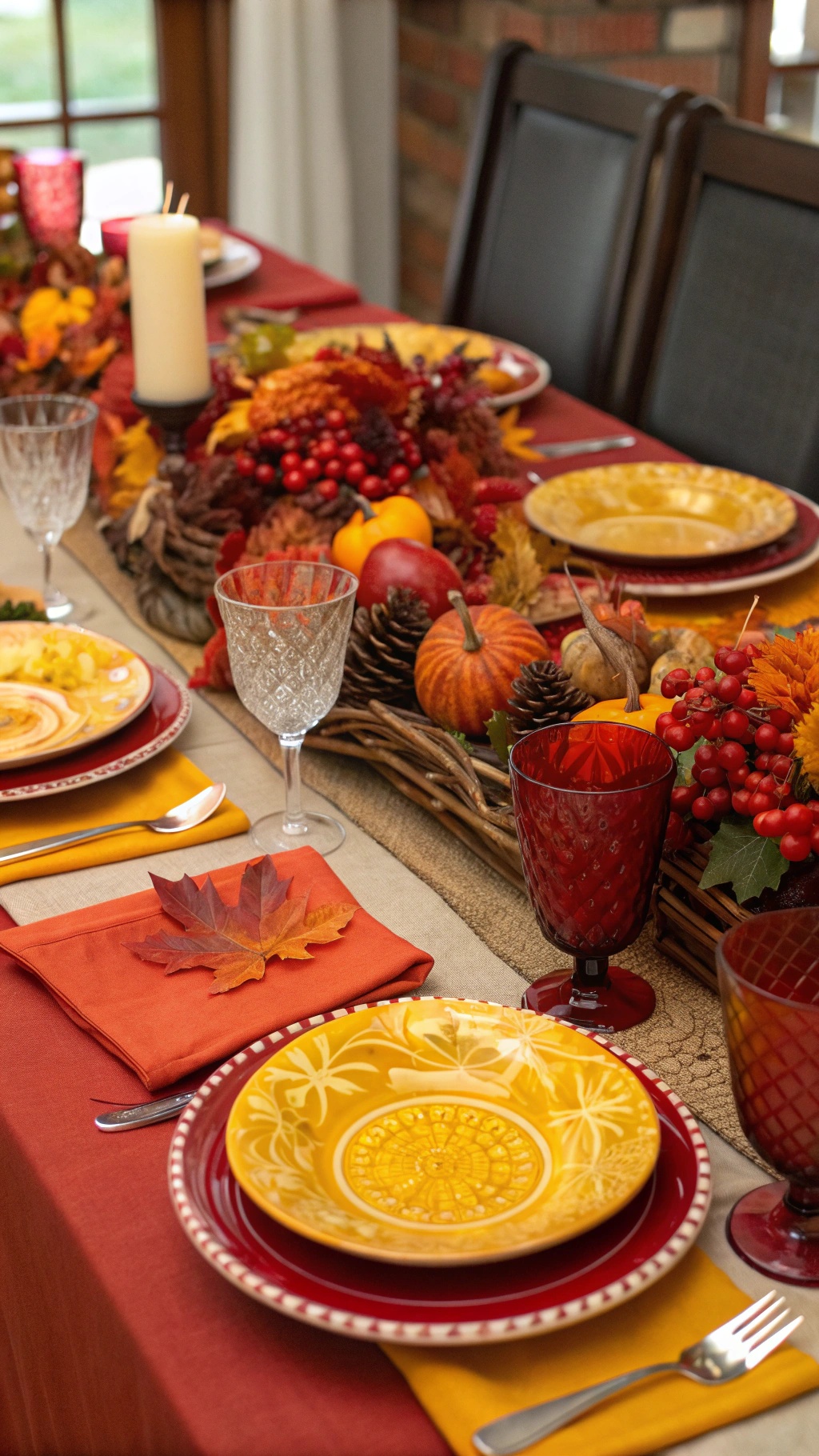 Thanksgiving table setting with vibrant autumn colors, featuring red and yellow plates, colorful napkins, and a centerpiece of pinecones and leaves.