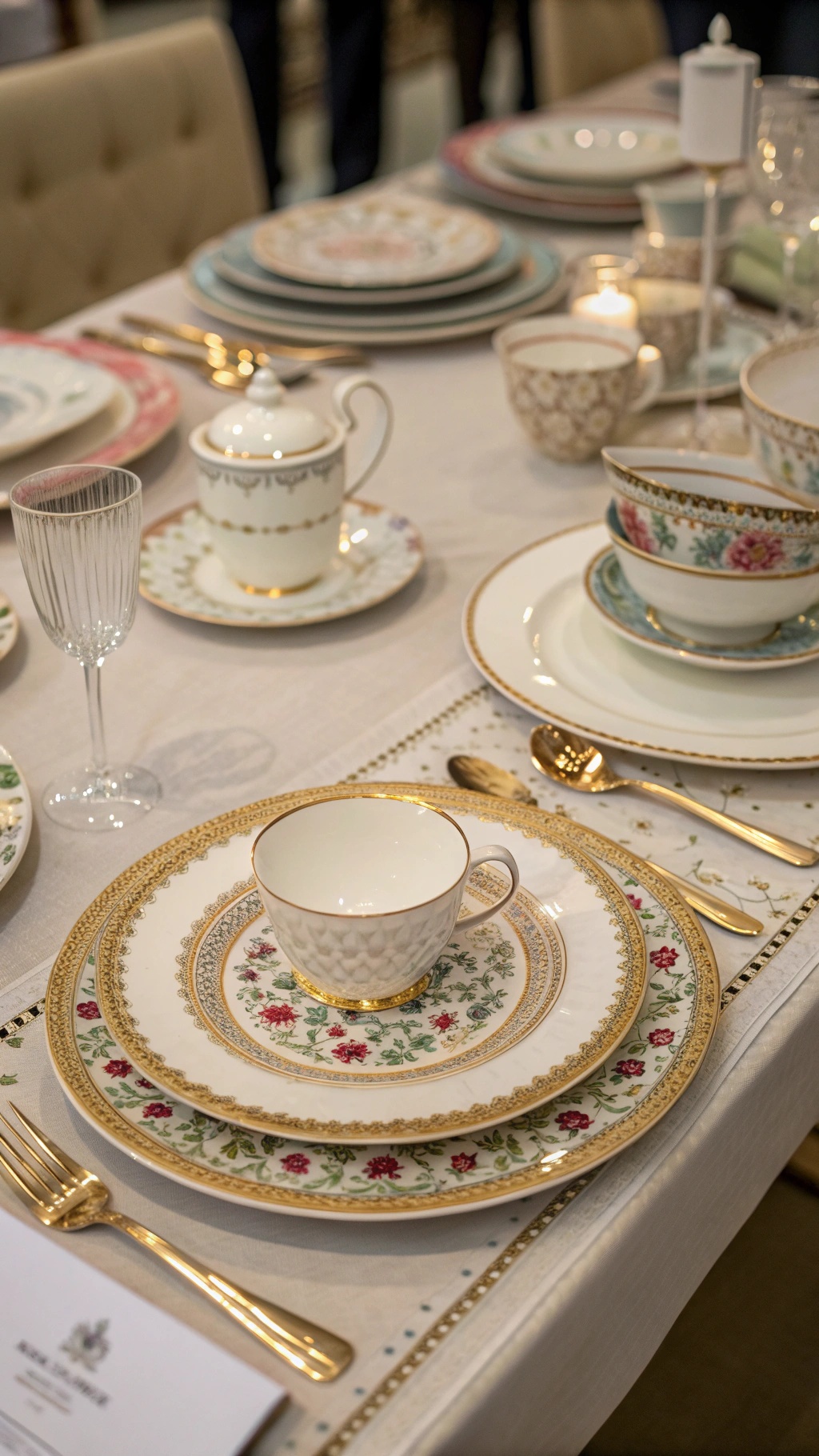 A beautifully arranged vintage china table setting with floral patterns and gold accents.