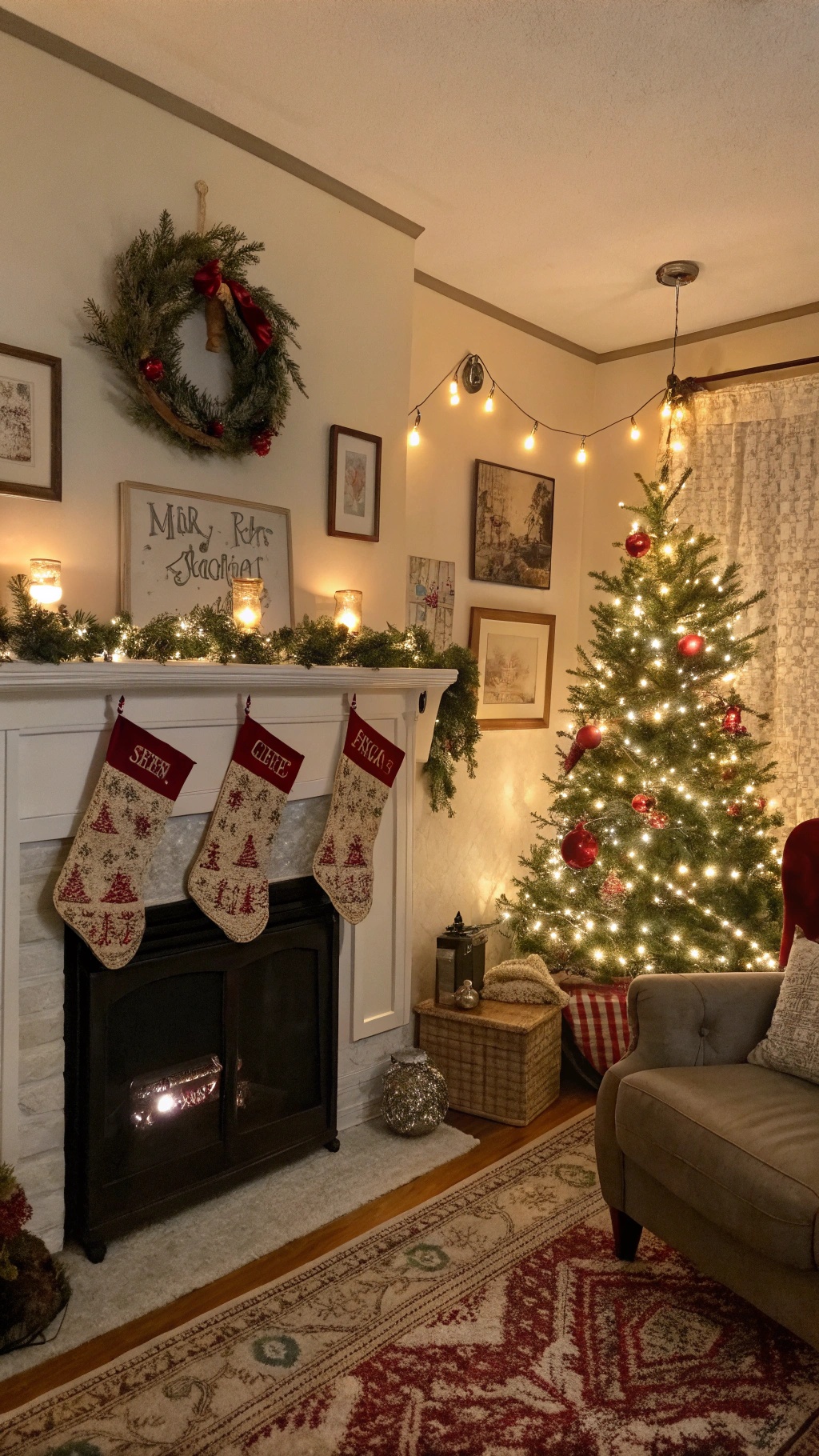 A cozy vintage Christmas living room with stockings, a decorated tree, and warm lights.