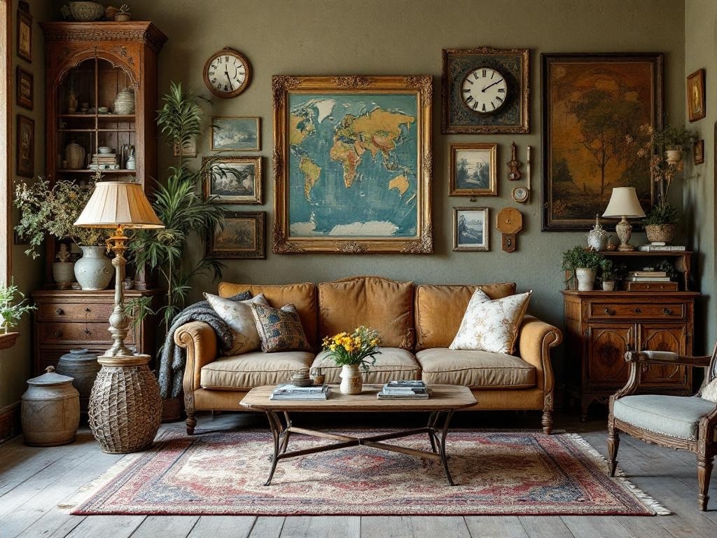 Cozy vintage living room with antique furniture and decor.