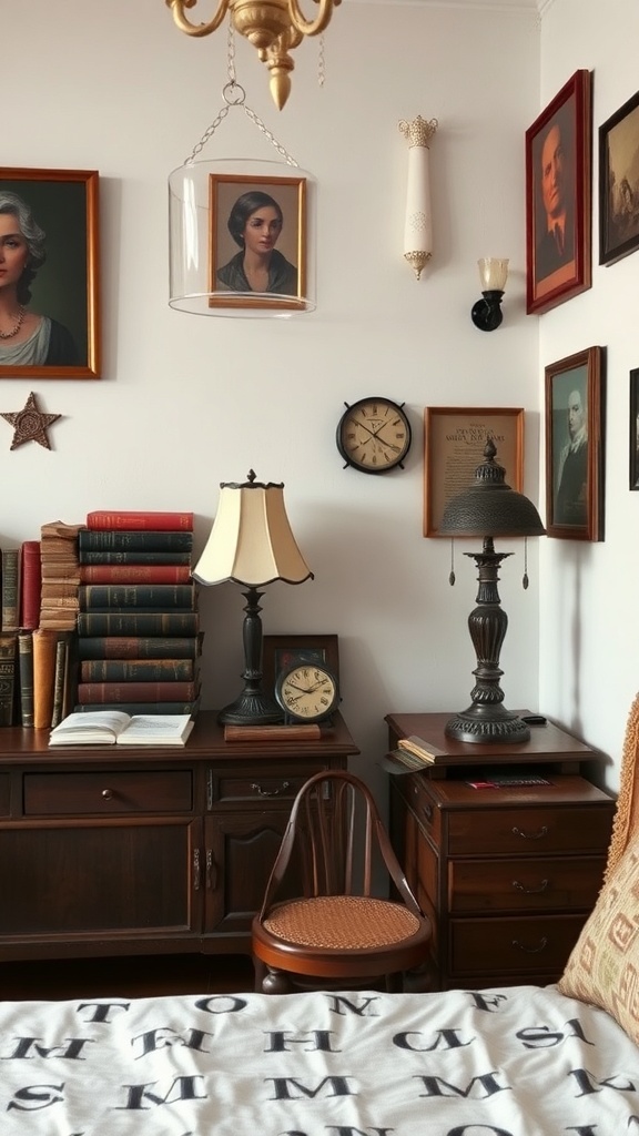 A cozy bedroom with vintage decor, including framed portraits, books, and a classic lamp.