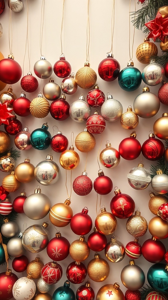 A collection of colorful vintage Christmas ornaments hanging on a wall.