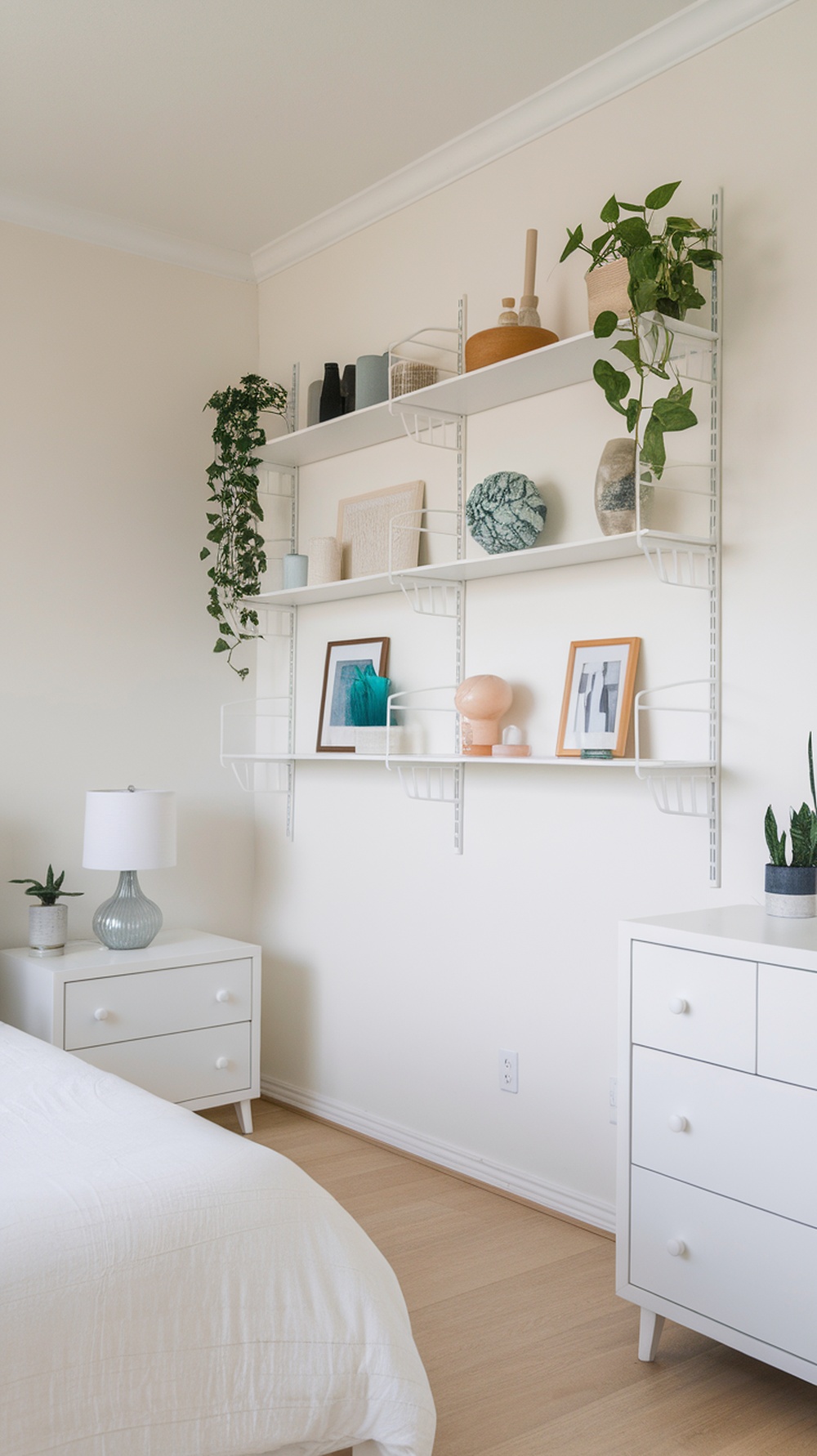 A minimalist bedroom featuring wall-mounted shelves with decorative items and plants.