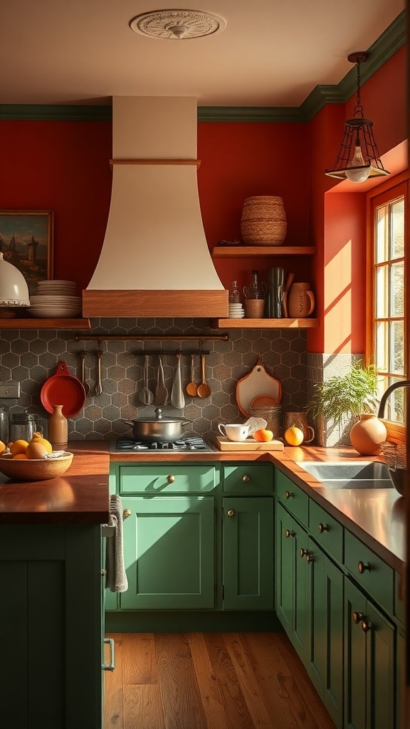 A cozy kitchen with warm red and green colors, featuring wooden accents and natural decor.