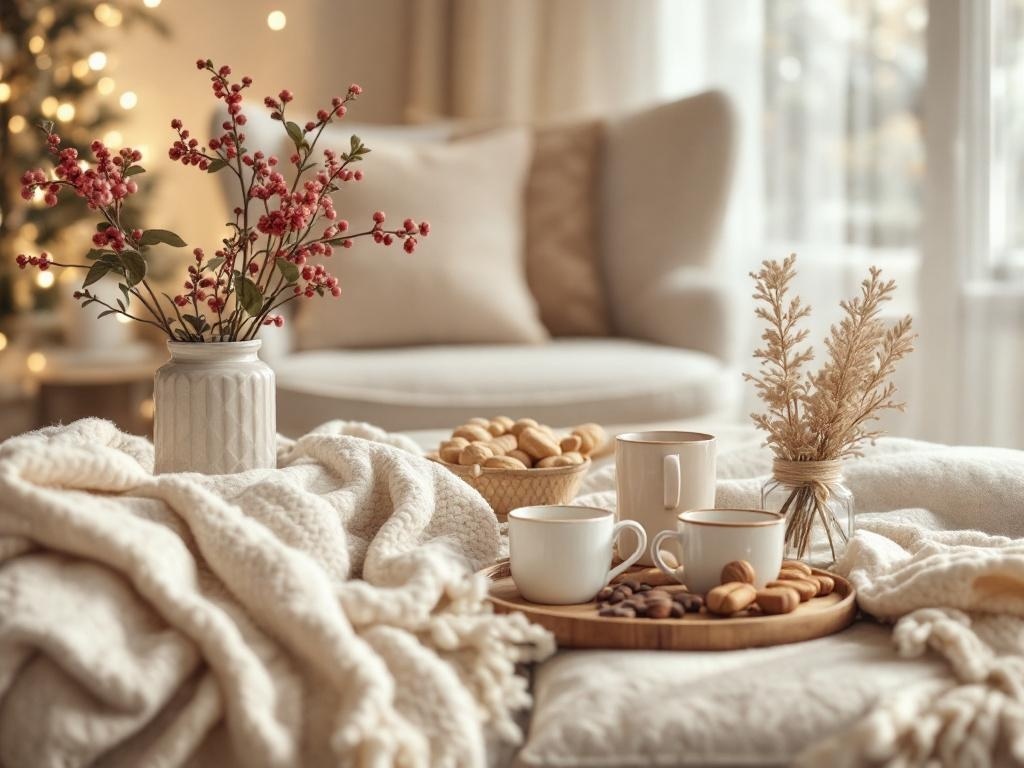 A cozy living room scene featuring a warm beverage station with mugs, cookies, and decorative plants.