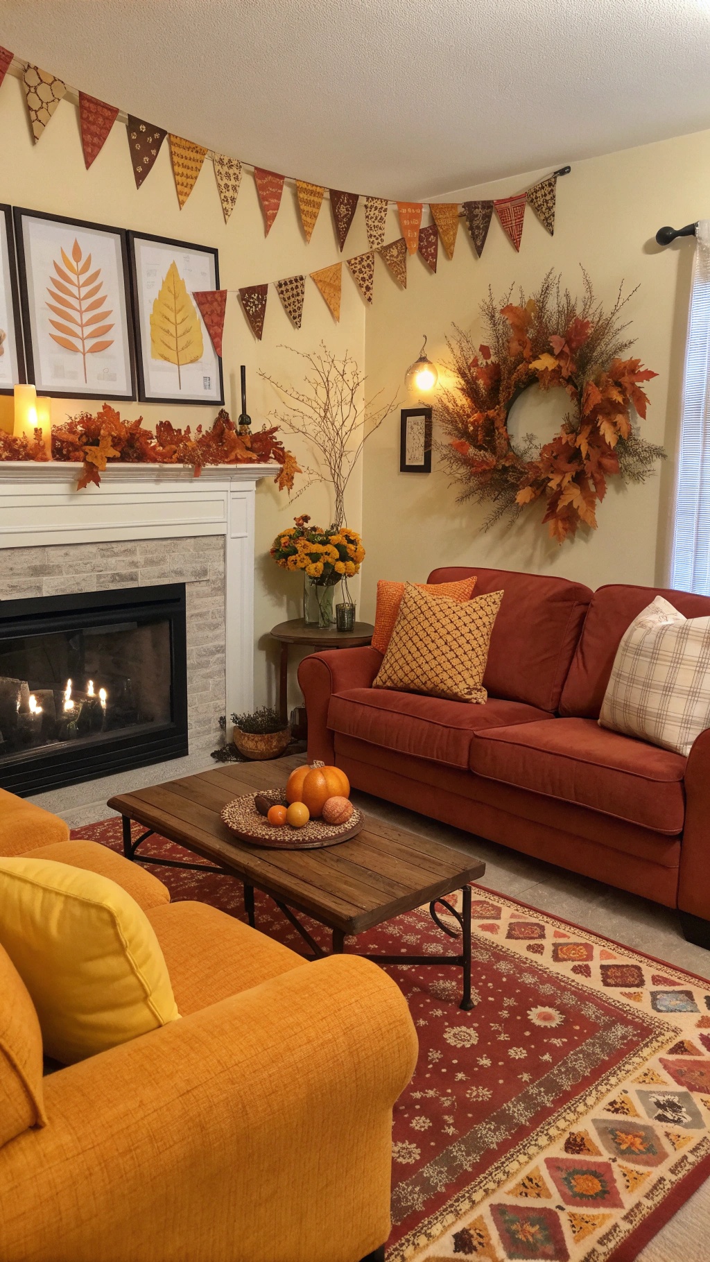 Cozy fall living room with warm color palette featuring orange and red sofas, autumn decorations, and a fireplace.