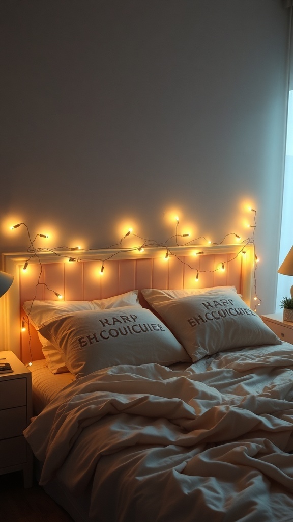 A cozy bedroom with fairy lights draped over the headboard and soft bedding.