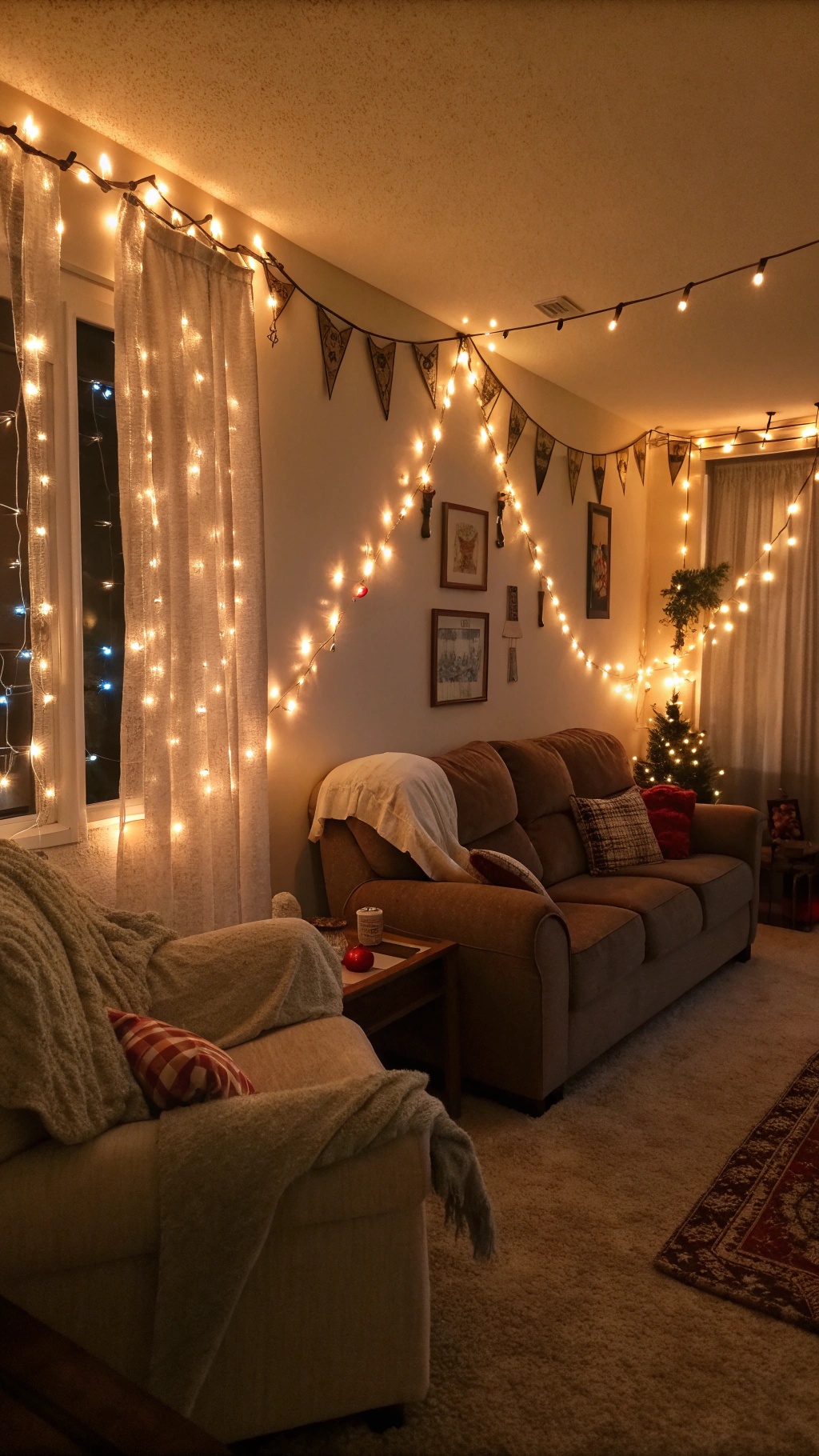 A cozy living room decorated with warm string lights, creating a festive atmosphere.